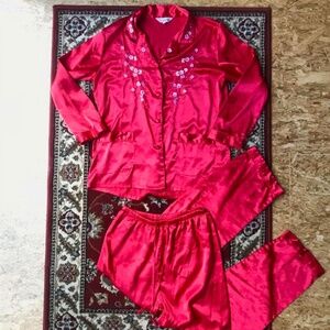 red silk pj set with cherry blossom flowers